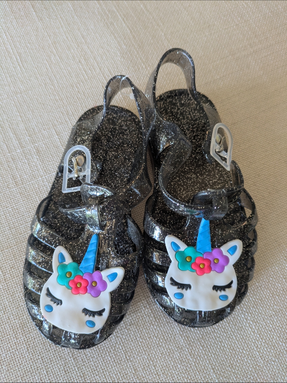 Glitter Jelly Sandals with Unicorn Charm - Black - Toddler Size 8 - NWOT
